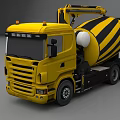 Yellow Concrete Mixer Truck With Black Stripes And Crane Arm For Construction Use