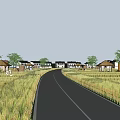 Rural Landscape Featuring Winding Road Through Wheat Fields With Houses And Trees Under Blue Sky