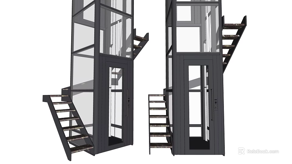 Modern Residential Elevator With Glass Doors Metal Frame And Staircase Design 3d model 