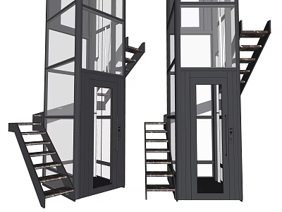 Modern Residential Elevator With Glass Doors Metal Frame And Staircase Design 3d model