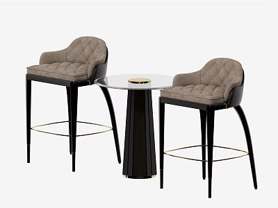 Modern Bar Counter With Round Glass Top Black Base And Light Gray Upholstered Bar Stools 3d model