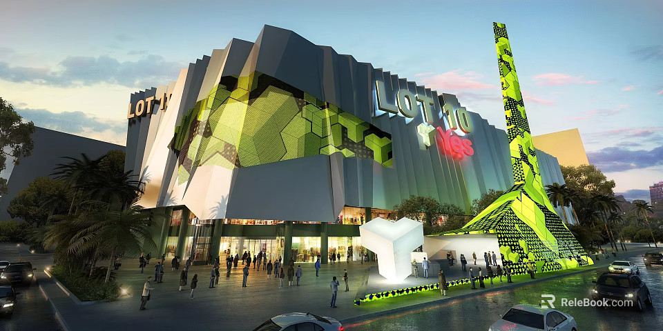 Modern LOTTE Commercial Street with Geometric Green Gray Facade Pedestrians and Tall Green Landmark 3d model 