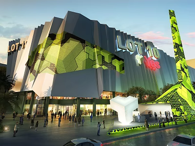 Modern LOTTE Commercial Street with Geometric Green Gray Facade Pedestrians and Tall Green Landmark 3d model