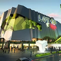 Modern LOTTE Commercial Street with Geometric Green Gray Facade Pedestrians and Tall Green Landmark