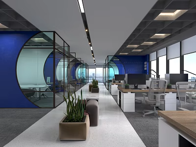 Open Public Office Interior With Blue Walls Glass Partitions Green Plants Desks Computers And Sofa 3d model