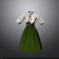 Women's White Top Green Skirt Dress With Bow Tie And Short Sleeves