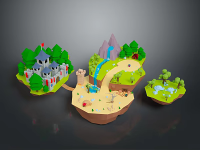 3D Low Poly Scenery With Castle Waterfall Path Trees Sand Beach And Small Pond 3d model