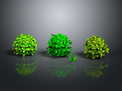 Three Green Spherical Plants Against Gray Background With Reflections And Small Grass Beside Middle One 3d model