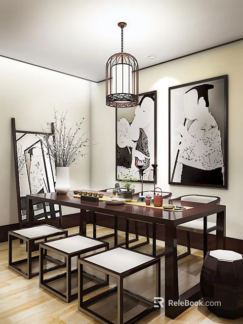 Chinese Style Dining Table Set With Dark Wooden Top Decorative Paintings Vase And Pendant Lamp 3d model 