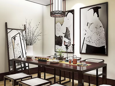 Chinese Style Dining Table Set With Dark Wooden Top Decorative Paintings Vase And Pendant Lamp 3d model