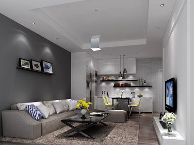 Modern Living and Dining Room Interior With Gray Sofa Yellow Chairs And Decorative Paintings 3d model