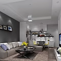 Modern Living and Dining Room Interior With Gray Sofa Yellow Chairs And Decorative Paintings