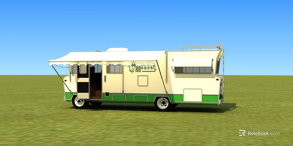 Functional Camper Van With Cream Green Exterior Open Awning On Grassy Field 3d model 