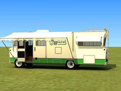 Functional Camper Van With Cream Green Exterior Open Awning On Grassy Field 3d model