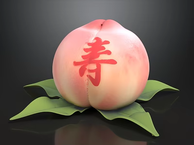 Pink Peach Decor With Red Longevity Character And Green Leaves On Black Background 3d model