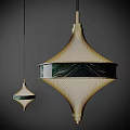Modern Elegant Dual Pendant Lights With Gold Metal Mesh Design And Green Marble Accent