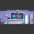 Futuristic Laboratory Interior With Workbench Large Screen Floating Lamps And Hi tech Equipment