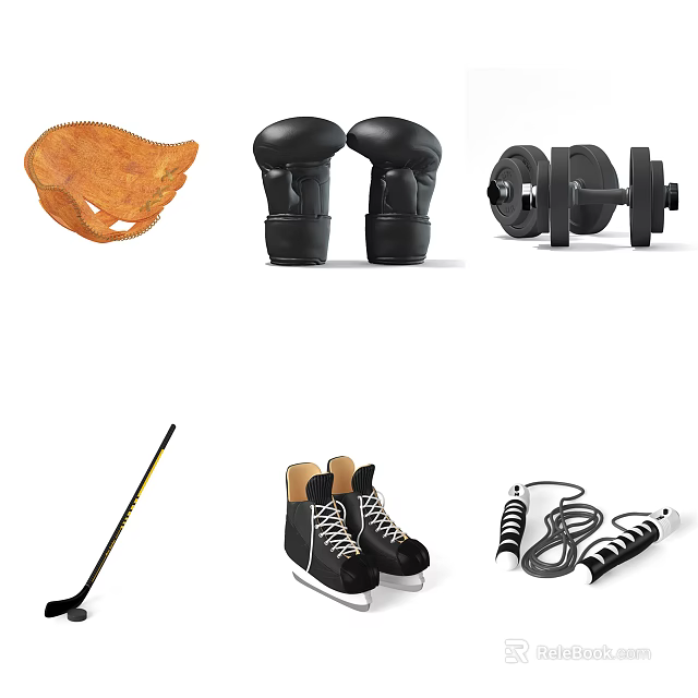 Various Sports Equipment with Baseball Glove Boxing Gloves Dumbbells Hockey Stick Ice Skates Jump Rope 3d model 