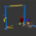 Car Repair Equipment With Blue Vehicle Lift Red Tire And Tool Cabinet