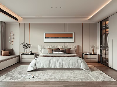 Modern Minimalist Bedroom Interior With Stylish Headboard Nightstands Decorative Painting And Soft Rug 3d model