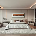 Modern Minimalist Bedroom Interior With Stylish Headboard Nightstands Decorative Painting And Soft Rug