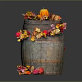 Decorated Wooden Barrel with Pumpkin and Colorful Autumn Leaves