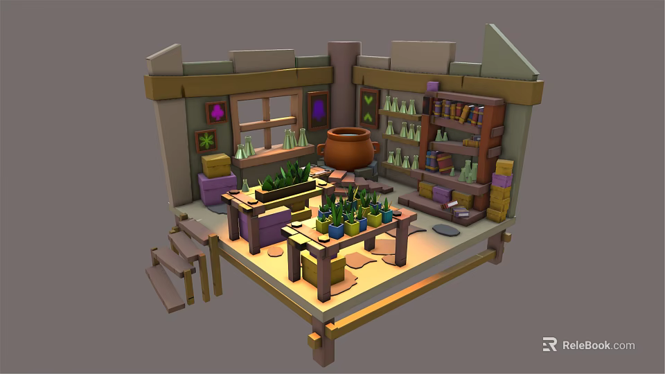 Cartoon Alchemy Lab Scene Featuring Wooden Shelves Green Potions Large Clay Jar Table And Window 3d model 