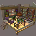 Cartoon Alchemy Lab Scene Featuring Wooden Shelves Green Potions Large Clay Jar Table And Window