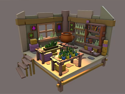 Cartoon Alchemy Lab Scene Featuring Wooden Shelves Green Potions Large Clay Jar Table And Window 3d model