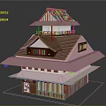 Traditional Japanese Style Multi Story Building With Pink Roof Red Lanterns And Wooden Balcony