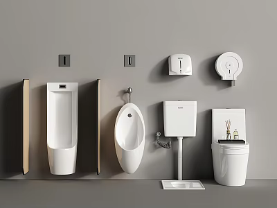 White Toilet And Bathroom Fixtures On Gray Wall With Urinal Tank Holder And Dispenser 3d model