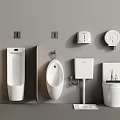 White Toilet And Bathroom Fixtures On Gray Wall With Urinal Tank Holder And Dispenser