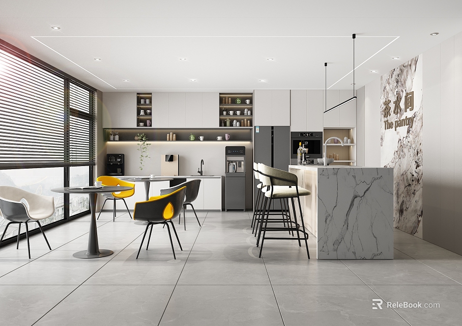 Modern Break Room Interior Design With Open Layout Large Windows Yellow Chairs And Marble Bar 3d model 