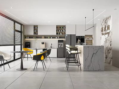 Modern Break Room Interior Design With Open Layout Large Windows Yellow Chairs And Marble Bar 3d model