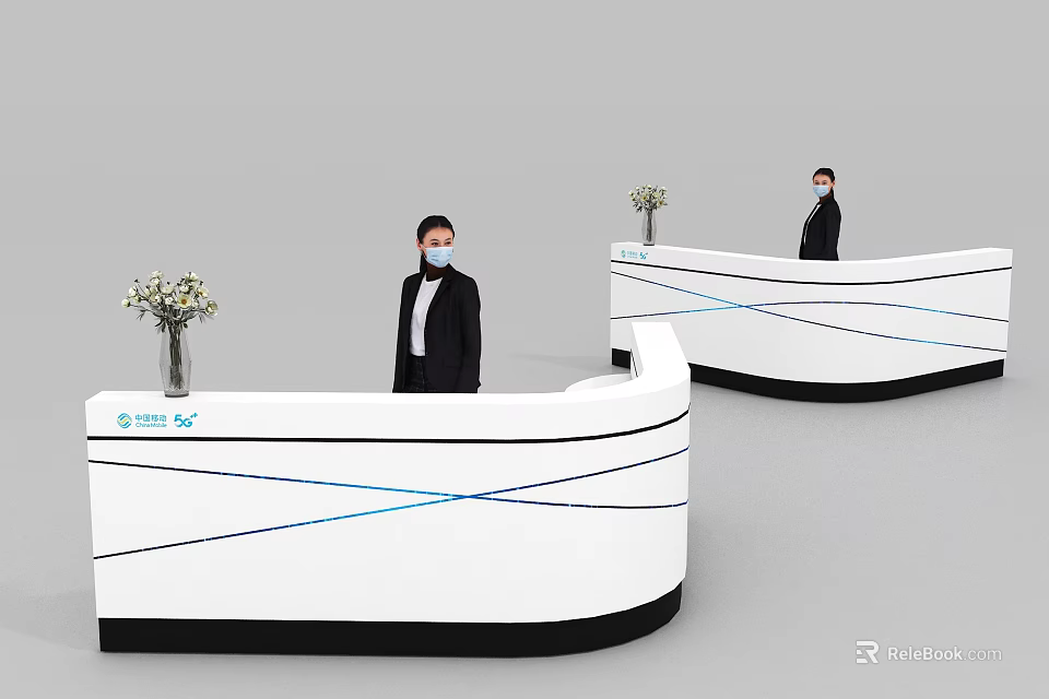 White Reception Desk With Blue Lines Black Base And People In Suits With Flower Vases 3d model 