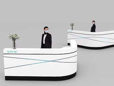 White Reception Desk With Blue Lines Black Base And People In Suits With Flower Vases 3d model