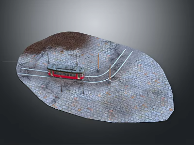 Red Tram Model Scene with Tracks and Utility Poles on Cobblestone Ground 3d model