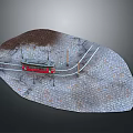 Red Tram Model Scene with Tracks and Utility Poles on Cobblestone Ground