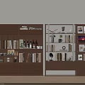 Wooden Bookcase with Multiple Shelves Books Decorative Items Cups and Wine Bottles