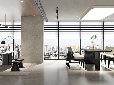 Modern Open Office Interior With Large Windows City View And Minimalist Design 3d model