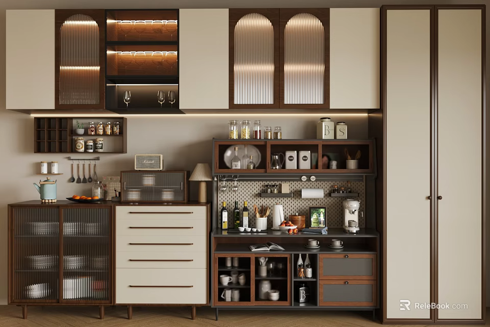 Modern Wooden Sideboard With Glass Doors Drawers And Open Storage Shelves 3d model 