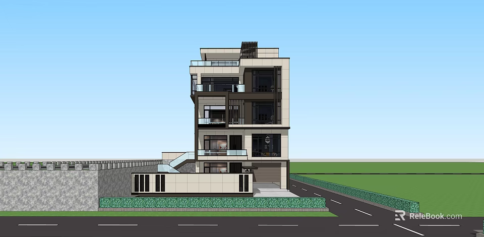 Modern Three Story Detached Villa With Glass Balconies Stone Exterior And Garden 3d model 