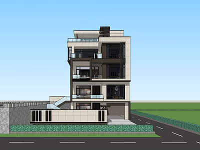 Modern Three Story Detached Villa With Glass Balconies Stone Exterior And Garden 3d model