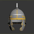 Shiny Metallic Helmet With Gold Decorative Accents And Reflective Surface Finish