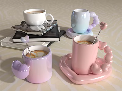 Decorative Coffee Mugs In Pastel Colors With Unique Heart Shaped Handles And Spoons On Books And Trays 3d model