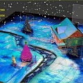 Cartoon Winter Scene With Log Cabin Snow Covered Roof Pine Trees Snowman Pathway Falling Snowflakes