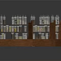 Curved Wooden Display Rack With Electronic Products Bottled Items And Central White Barrel