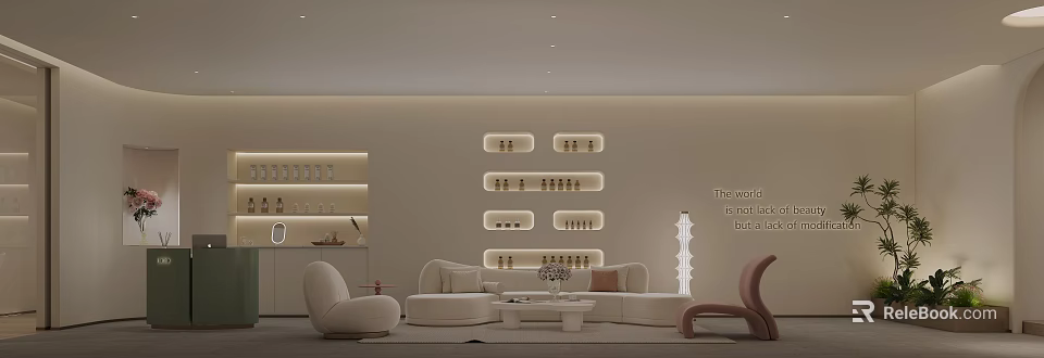 Clean Bright Beauty Salon Interior With White Sofas Beauty Product Shelves And Tall Lamp 3d model 