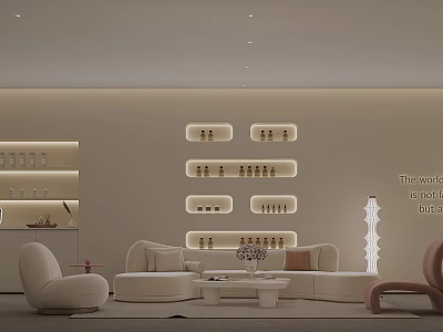 Clean Bright Beauty Salon Interior With White Sofas Beauty Product Shelves And Tall Lamp 3d model