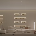 Clean Bright Beauty Salon Interior With White Sofas Beauty Product Shelves And Tall Lamp